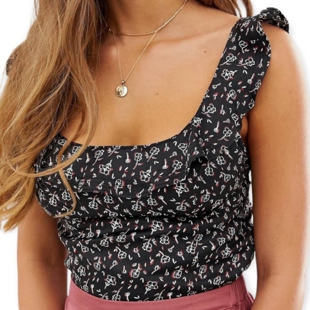 Free People Stay With You Black Combo Vintage Floral Satin Top